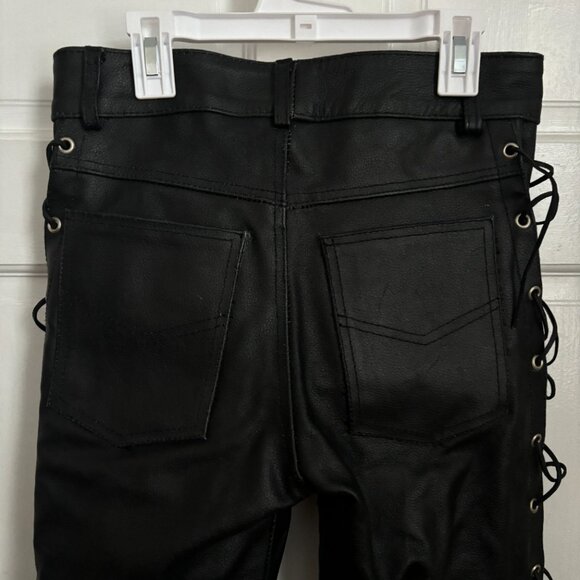 Leather Lace Up Side Pants Black XS Vintage Size 28 Tie ARD Champs Genuine Biker - Picture 8 of 11
